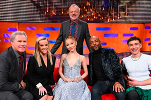 The Graham Norton Show. Image shows left to right: Will Ferrell, Reese Witherspoon, Ariana Grande, Graham Norton, Don Gilet, Olly Alexander