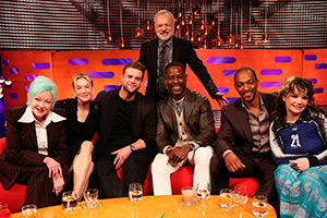 The Graham Norton Show. Image shows left to right: Cyndi Lauper, Renée Zellweger, Leo Woodall, Graham Norton, Sterling K Brown, Anthony Mackie, Lola Young