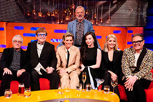 The Graham Norton Show. Image shows left to right: Robert De Niro, Elton John, Brandi Carlile, Graham Norton, Mikey Madison, Holly Willoughby, Alan Carr