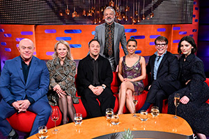 The Graham Norton Show. Image shows left to right: Ross Kemp, Pamela Anderson, Stephen Graham, Graham Norton, Gugu Mbatha-Raw, Sean Hayes, Gracie Abrams