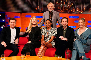 The Graham Norton Show. Image shows left to right: Ewan McGregor, Kate Hudson, Naomie Harris, Graham Norton, Chris O'Dowd, Self Esteem