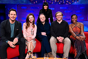 The Graham Norton Show. Image shows left to right: Chris Pratt, Saoirse-Monica Jackson, Toby Jones, Claudia Winkleman, Rob Beckett, Rachel Chinouriri