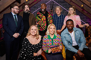 Guessable?. Image shows left to right: John Kearns, Nick Helm, Helen Bauer, Darren Harriott, Sara Pascoe, Alan Davies, Michael Dapaah, Harriet Kemsley