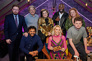 Guessable?. Image shows left to right: John Kearns, Alan Davies, Nish Kumar, Kiri Pritchard-McLean, Sara Pascoe, Darren Harriott, Amy Gledhill, Dan Tiernan