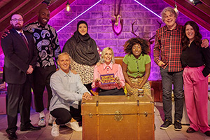 Guessable?. Image shows left to right: John Kearns, Darren Harriott, Jamie Laing, Fatiha El-Ghorri, Sara Pascoe, Sophie Duker, Alan Davies, Rosie Jones