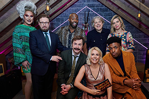 Guessable?. Image shows left to right: The Vivienne, John Kearns, Darren Harriott, Mike Wozniak, Sara Pascoe, Alan Davies, Toussaint Douglass, Lou Sanders