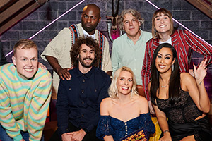 Guessable?. Image shows left to right: Josh Jones, Darren Harriott, Josh Pugh, Sara Pascoe, Alan Davies, Maisie Adam, Snoochie Shy