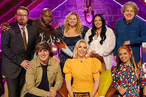 Guessable?. Image shows left to right: John Kearns, Darren Harriott, Glenn Moore, Amy Gledhill, Sara Pascoe, Scarlett Moffatt, Ria Lina, Alan Davies