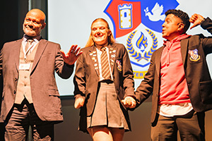 G'wed. Image shows left to right: Mr Meacher (Louis Emerick), Ella Grace, The Brimble (Evie Ward-Drummond), Mo (Zak Douglas)