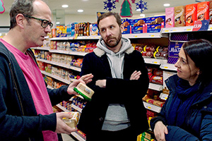 Hapless. Image shows from L to R: Simon (Josh Howie), Paul Green (Tim Downie), The Vegan (Jasmine Hyde). Copyright: Magnet Films