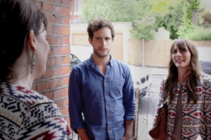 Happy Now. Image shows from L to R: Mum (Charlotte Weston), Rick (Rob Heaps), Cath (Anna Wilson Jones)