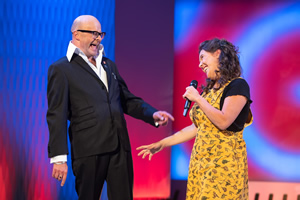 Harry Hill's ClubNite. Image shows from L to R: Harry Hill, Rosie Jones. Copyright: Nit TV