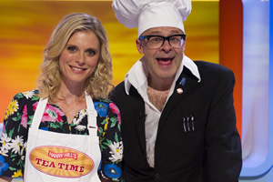 Harry Hill's Tea Time. Image shows from L to R: Emilia Fox, Harry Hill. Copyright: Nit TV