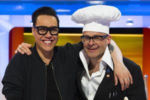 Harry Hill's Tea Time. Image shows from L to R: Gok Wan, Harry Hill. Copyright: Nit TV