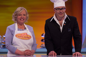 Harry Hill's Tea Time. Image shows from L to R: Deborah Meaden, Harry Hill. Copyright: Nit TV