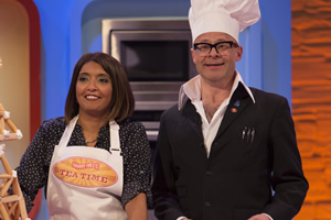 Harry Hill's Tea Time. Image shows from L to R: Sunetra Sarker, Harry Hill. Copyright: Nit TV