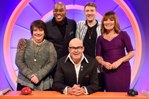 Harry Hill's Alien Fun Capsule. Image shows from L to R: Kathy Burke, Ainsley Harriott, Harry Hill, Joe Lycett, Lorraine Kelly. Copyright: Nit TV