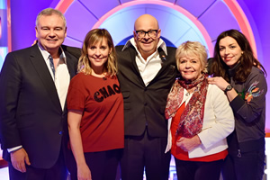 Harry Hill's Alien Fun Capsule. Image shows from L to R: Eamonn Holmes, Mel Giedroyc, Harry Hill, Judith Chalmers, Bridget Christie. Copyright: Nit TV