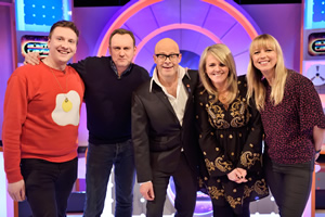 Harry Hill's Alien Fun Capsule. Image shows from L to R: Joe Lycett, Philip Glenister, Harry Hill, Sally Lindsay, Sara Cox. Copyright: Nit TV