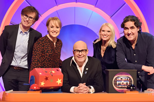 Harry Hill's Alien Fun Capsule. Image shows from L to R: Robert Peston, Sally Dynevor, Harry Hill, Anneka Rice, Micky Flanagan. Copyright: Nit TV