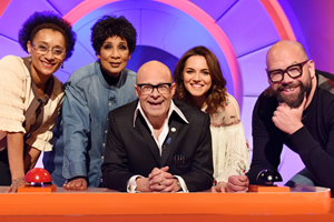 Harry Hill's Alien Fun Capsule. Image shows from L to R: Suzanne Packer, Moira Stuart, Harry Hill, Kara Tointon, Tom Davis. Copyright: Nit TV