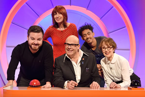 Harry Hill's Alien Fun Capsule. Image shows from L to R: Alex Brooker, Janet Street-Porter, Harry Hill, Jordan Stephens, Una Stubbs. Copyright: Nit TV