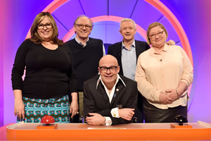 Harry Hill's Alien Fun Capsule. Image shows from L to R: Liza Tarbuck, Peter Davison, Harry Hill, Louis Walsh, Rosemary Shrager. Copyright: Nit TV