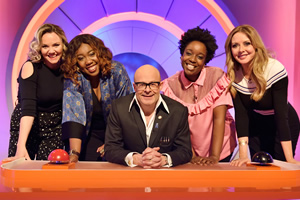 Harry Hill's Alien Fun Capsule. Image shows from L to R: Charlie Brooks, Chizzy Akudolu, Harry Hill, Lolly Adefope, Carol Vorderman. Copyright: Nit TV