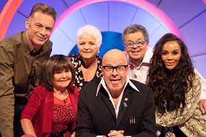 Harry Hill's Alien Fun Capsule. Image shows from L to R: Chris Packham, Janette Tough, Pam St. Clement, Harry Hill, Ian Tough, Chelsee Healey. Copyright: Nit TV