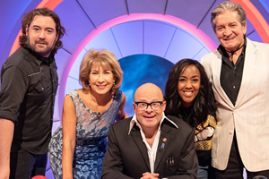 Harry Hill's Alien Fun Capsule. Image shows from L to R: Nick Helm, Jennie Bond, Harry Hill, Angellica Bell, Patrick Mower. Copyright: Nit TV