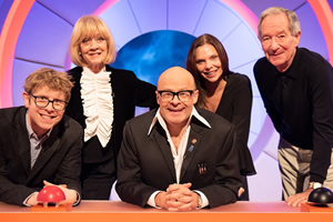 Harry Hill's Alien Fun Capsule. Image shows from L to R: Josh Widdicombe, Amanda Barrie, Harry Hill, Samantha Janus, Michael Buerk. Copyright: Nit TV