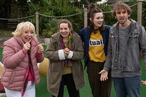 Here We Go. Image shows from L to R: Sue (Alison Steadman), Rachel (Katherine Parkinson), Amy (Freya Parks), Robin (Tom Basden)