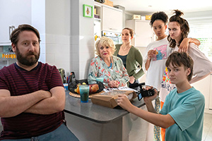 Here We Go. Image shows from L to R: Paul (Jim Howick), Sue (Alison Steadman), Rachel (Katherine Parkinson), Maya (Mica Ricketts), Amy (Freya Parks), Sam (Jude Collie)