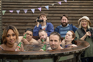 Here We Go. Image shows left to right: Cherry (Tori Allen-Martin), Dean (Ed Kear), Sam (Jude Morgan-Collie), Jelson (Jon Furlong), Robin (Tom Basden), Paul (Jim Howick), Rachel (Katherine Parkinson), Sue (Alison Steadman)