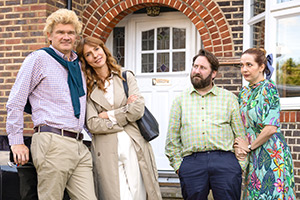 Here We Go. Image shows left to right: Boyd (Simon Farnaby), Penny (Dolly Wells), Paul (Jim Howick), Rachel (Katherine Parkinson)