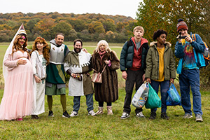 Here We Go. Image shows left to right: Cherry (Tori Allen-Martin), Rachel (Katherine Parkinson), Robin (Tom Basden), Paul (Jim Howick), Sue (Alison Steadman), Ryan (Austin Haynes), Kai (Zayne Wint), Sam (Jude Morgan-Collie)
