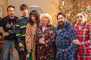 Here We Go. Image shows left to right: Robin (Tom Basden), Sam (Jude Morgan-Collie), Amy (Freya Parks), Sue (Alison Steadman), Paul (Jim Howick), Rachel (Katherine Parkinson)