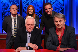 Have I Got News For You. Image shows from L to R: Ian Hislop, David Dimbleby, Stacey Dooley, Henning Wehn, Paul Merton