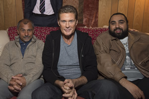 Hoff The Record. Image shows from L to R: Uncle Ron (Vincent Ebrahim), Hoff (David Hasselhoff), Terry Patel (Asim Chaudhry). Copyright: Me & You Productions