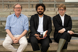 Hold The Front Page. Image shows left to right: Adrian Dunbar, Nish Kumar, Josh Widdicombe