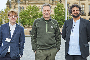 Hold The Front Page. Image shows left to right: Josh Widdicombe, Chris Packham, Nish Kumar