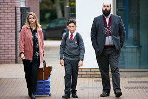 Home. Image shows from L to R: Katy (Rebekah Staton), John (Oaklee Pendergast), Sami (Youssef Kerkour)