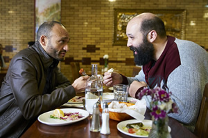 Home. Image shows from L to R: Leo (Chris Ryman), Sami (Youssef Kerkour)