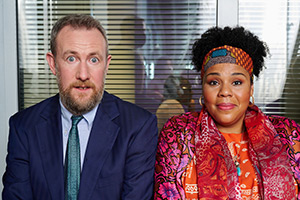 The Horne Section TV Show. Image shows left to right: Alex (Alex Horne), Thora (Desiree Burch)