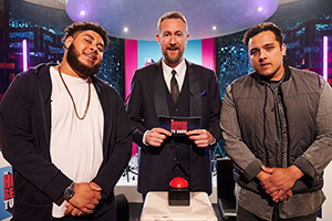 The Horne Section TV Show. Image shows left to right: Big Zuu, Alex (Alex Horne), Nelly (Tim Mahendran)