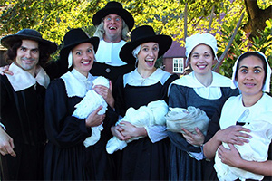 Horrible Histories. Image shows from L to R: Jalaal Hartley, Jessica Ransom, Tom Stourton, Harrie Hayes, Rachel Cash, Emily Lloyd Saini