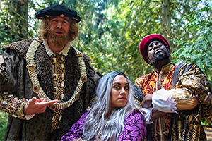 Horrible Histories. Image shows from L to R: Tom Stourton, Emily Lloyd Saini, Inel Tomlinson