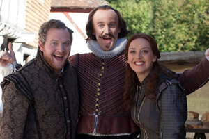 Horrible Histories. Image shows from L to R: Frances (Miles Jupp), William Shakespeare (Tom Stourton), Jessica Ransom. Copyright: Lion Television / Citrus Television