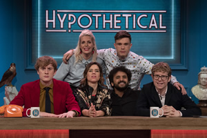 Hypothetical. Image shows from L to R: James Acaster, Sara Pascoe, Lou Sanders, Ed Gamble, Nish Kumar, Josh Widdicombe. Copyright: Hat Trick Productions