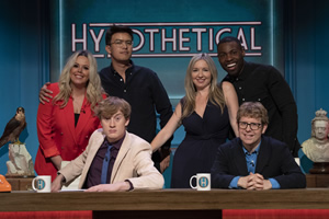 Hypothetical. Image shows from L to R: Roisin Conaty, James Acaster, Phil Wang, Victoria Coren Mitchell, Darren Harriott, Josh Widdicombe. Copyright: Hat Trick Productions